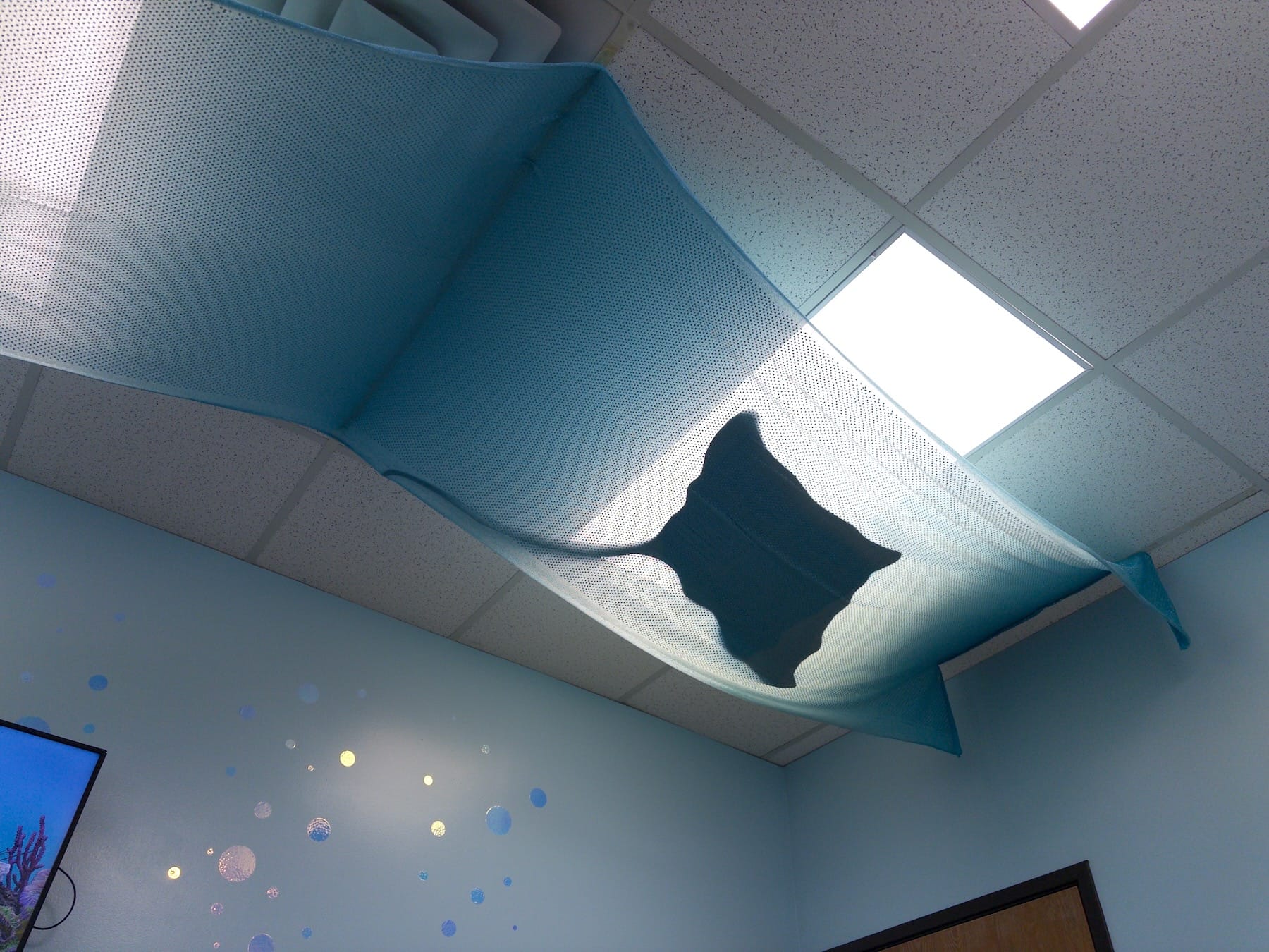 Drop ceiling in medical office decorated in aquatic theme, with blue wavy fabric and plush manta ray.