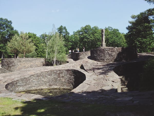 Winding paths on hilly monument made of bluestone.