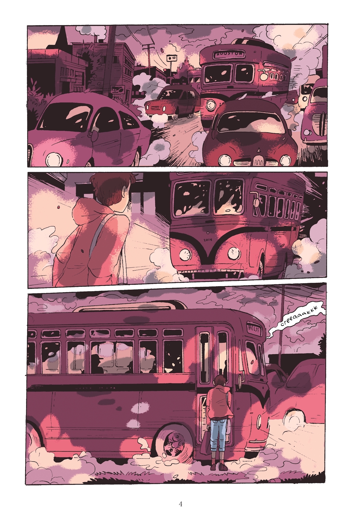 Three horizontal panels, red and purple. Dreamlike bus creaking to a stop over protagonist in jeans and red hoodie.