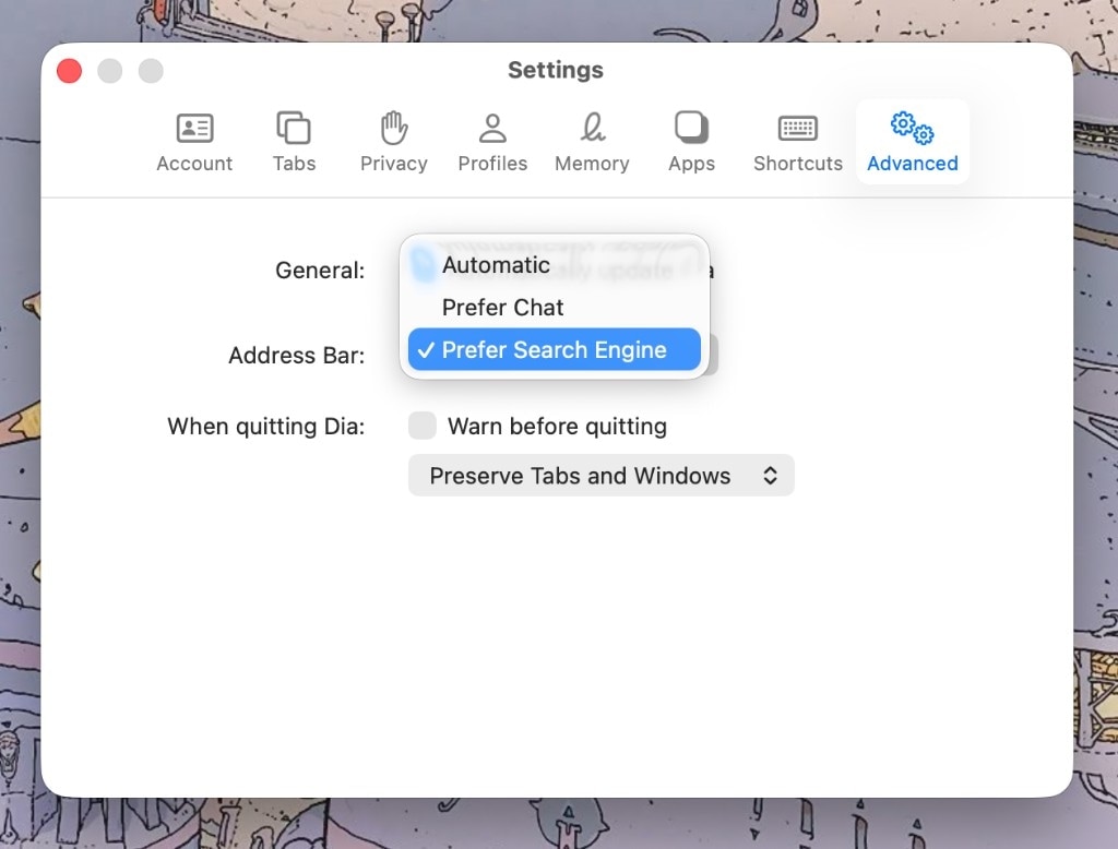 The Dia browser Settings window on the Advanced tab. A dropdown next to 'General' is open showing three options — Automatic, Prefer Chat, and Prefer Search Engine — with 'Prefer Search Engine' selected and highlighted in blue. Below are an Address Bar row and a 'When quitting Dia' section with 'Warn before quitting' and 'Preserve Tabs and Windows.'